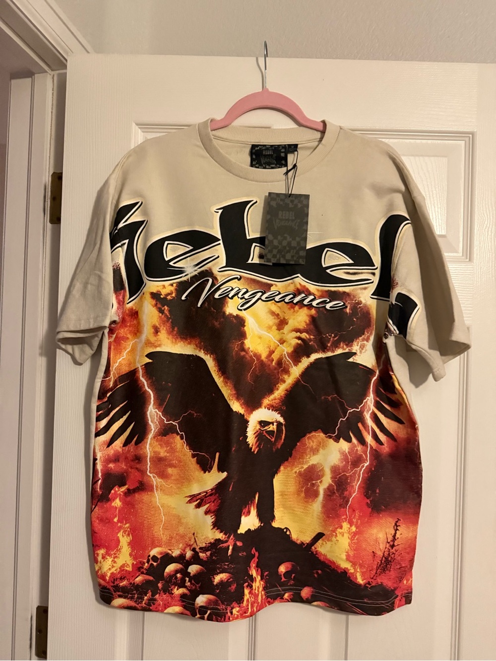 rebels Beige Tee with Fiery Eagle Graphic